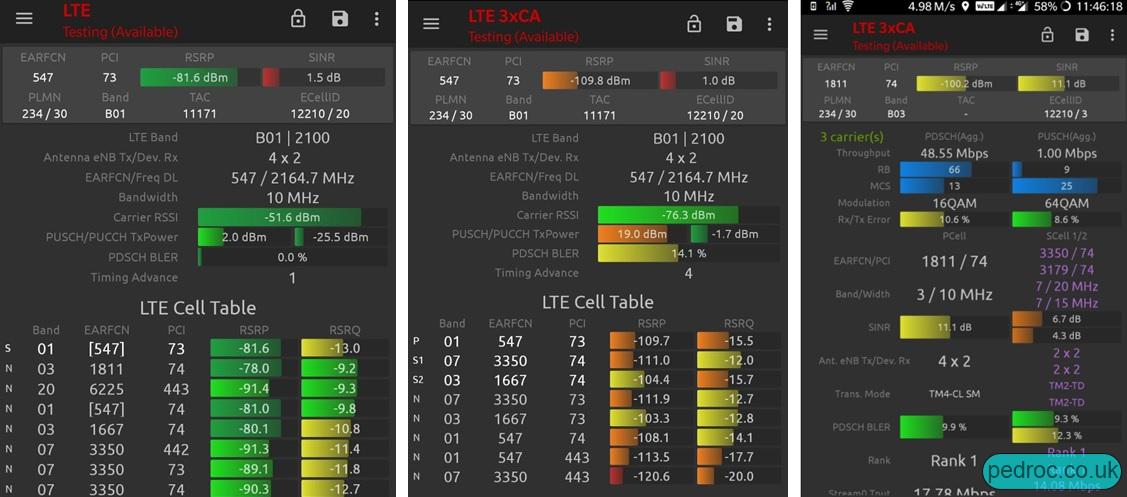 NSG Screenshot showing EARFCNs 547,3350,3179,1811,1667 some which are 4x4