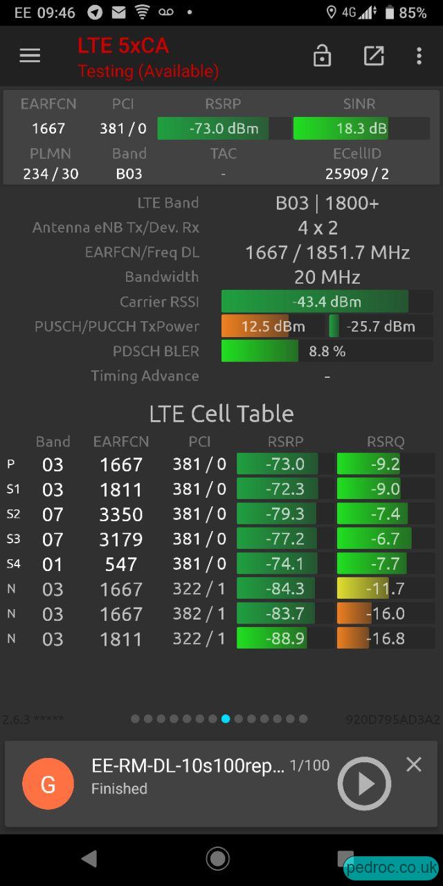 NSG Screenshot showing 5CA on a Sony Xperia XZ3