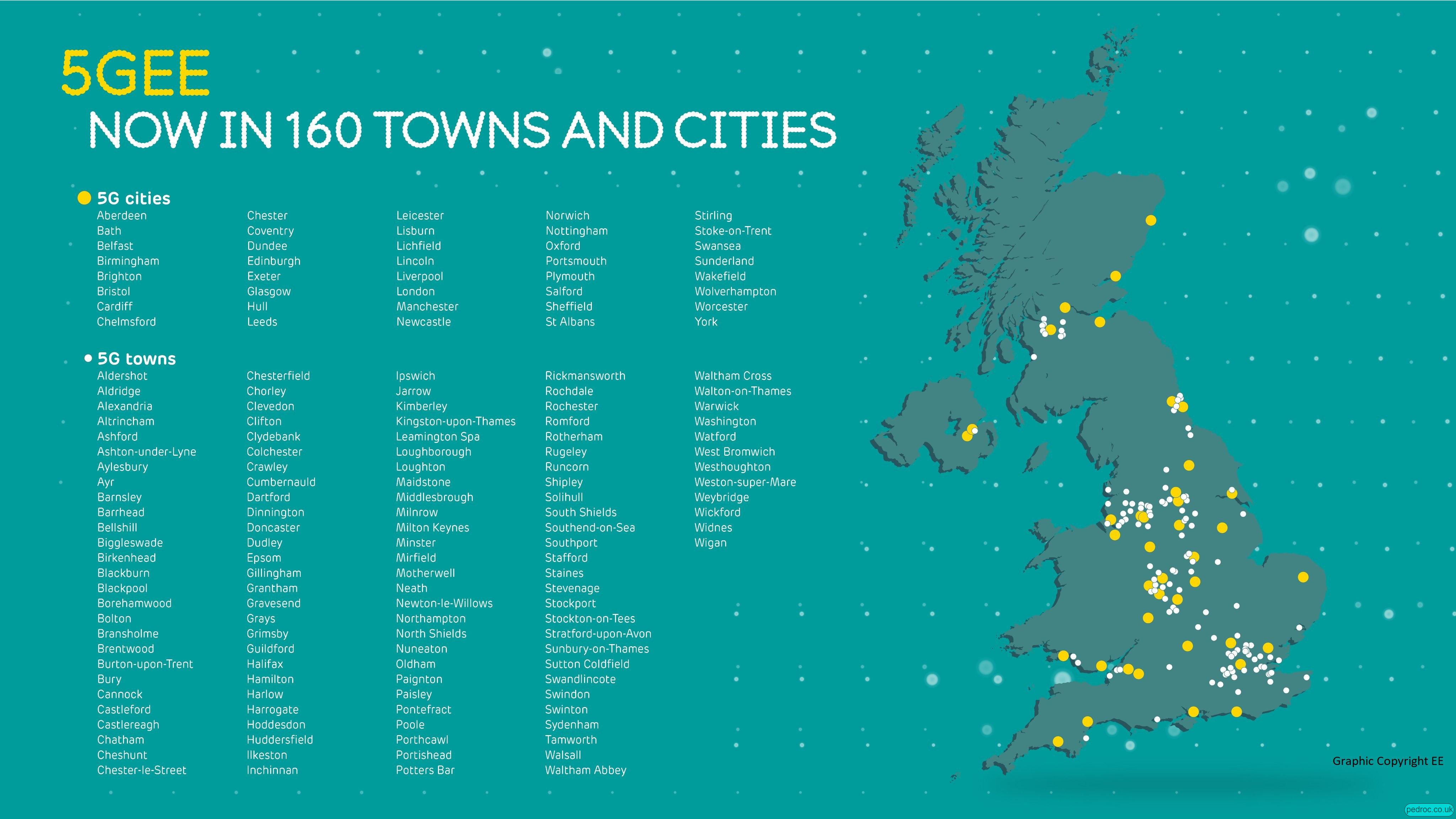 Locations of EE 5G as of March 2020.