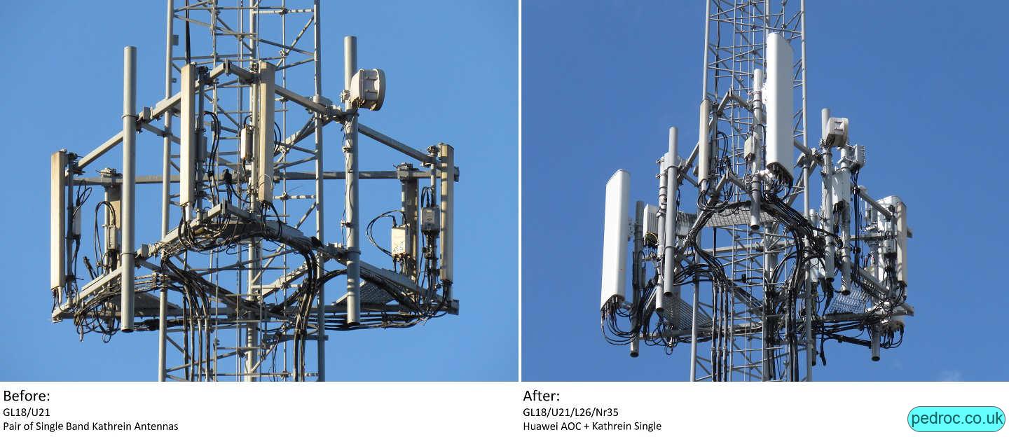 Before and after of an EE 5G Mast Upgrade that goes from a pair of single band Kathreins to using Huawei RRU 5258 for 8T8R N78 and Huawei AOC4518r8v06 antennas.