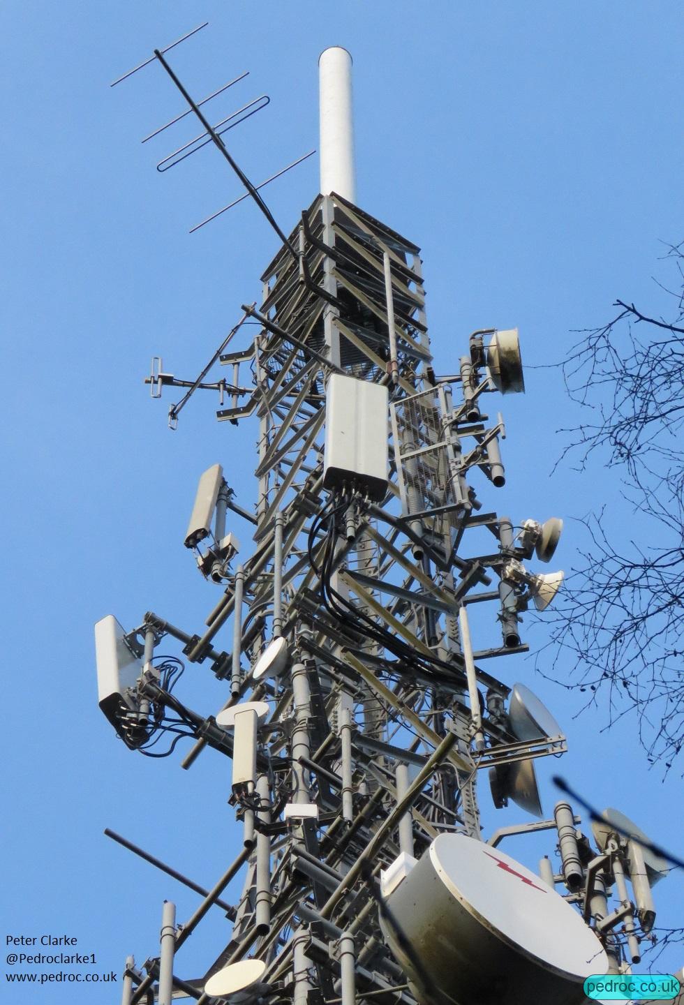 Downtilited Commscope Quad Band antennas have O2 Nokia Host, VF Sharer. Uptilted legacy VF G09 panels are not live. Lower single high band Kathreins are for EE GL18.