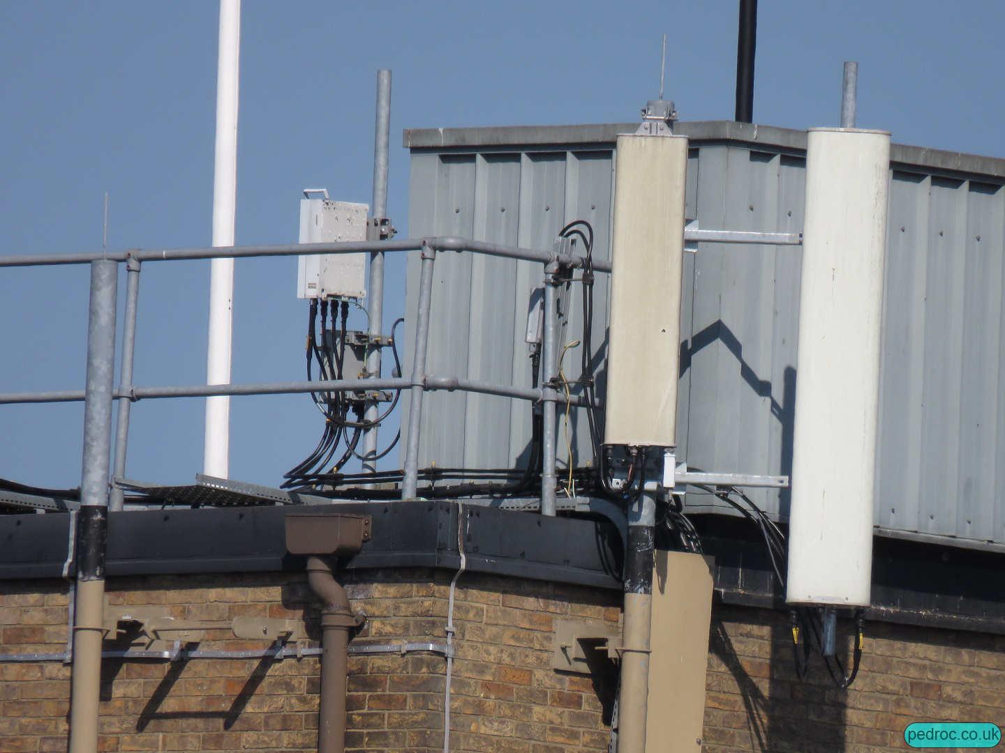 Closeup of EE/3's antennas: Huawei ATR with spare low band ports for EE 2T4R L26 and then a dual band Kathrein carrying the remaining.