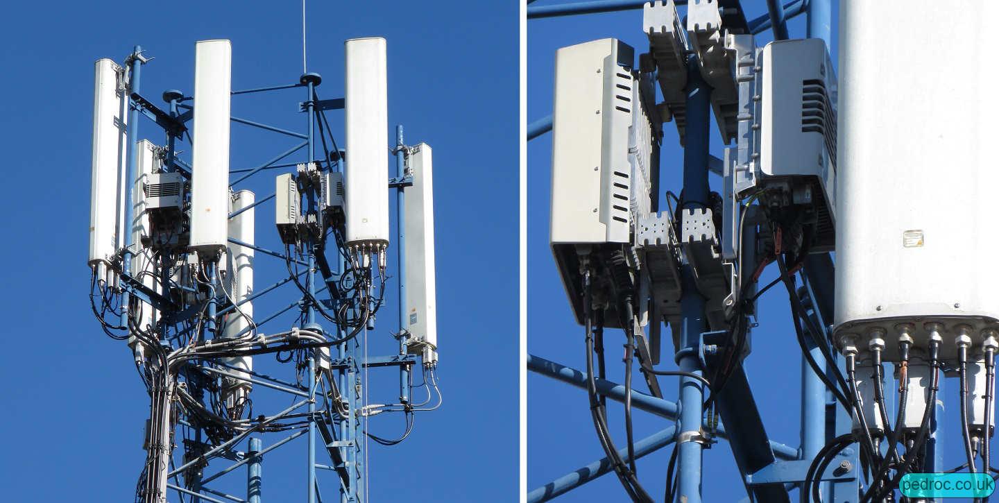 Closeup of Vodafone host Nokia equipment with Huawei triple and dual band antennas